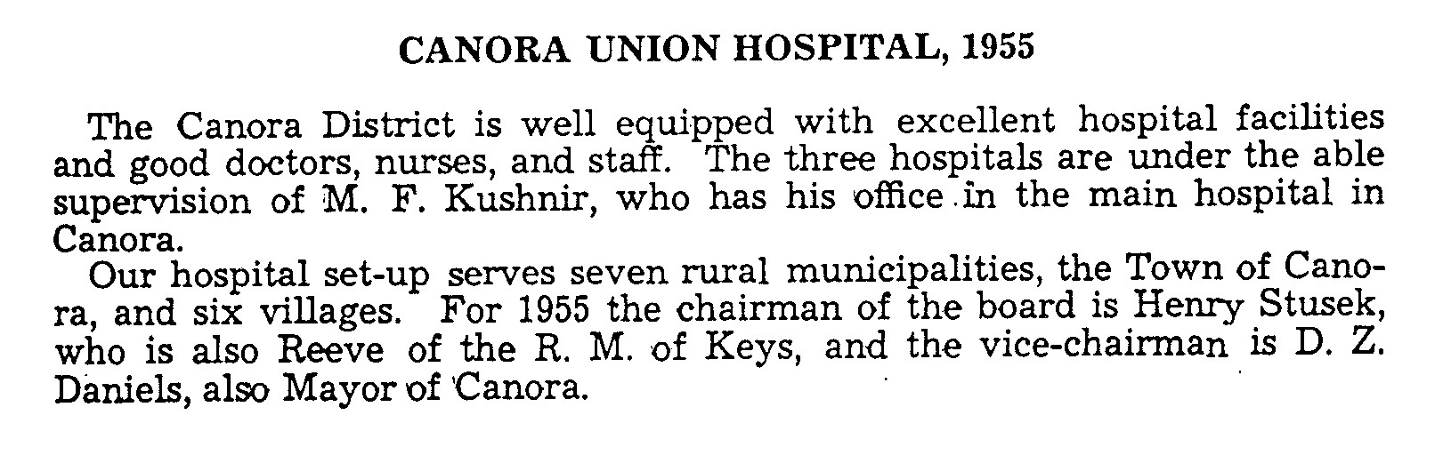 Historical Background on Canora Union Hospital  1